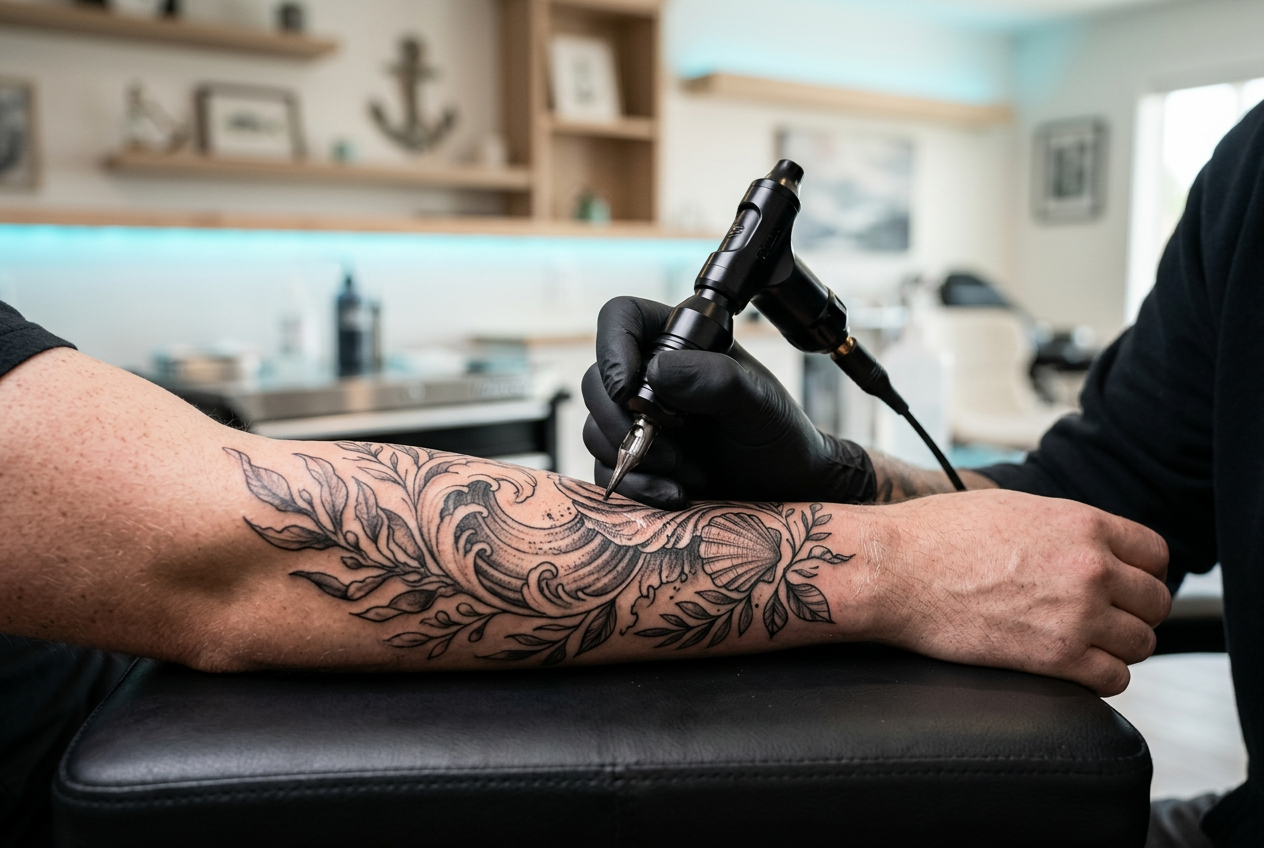 Tattoo artist using a rotary machine to create a custom ocean-wave forearm tattoo in a clean Milwaukee studio
