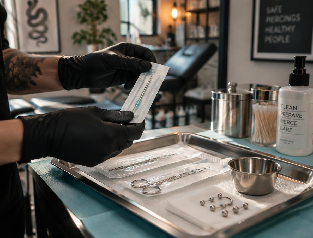 Gloved hands of an experienced piercer opening a sealed single-use needle beside a sterile tray