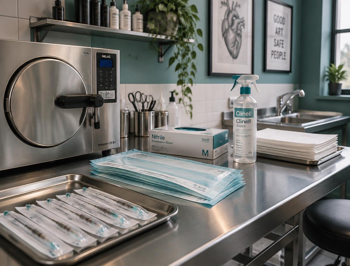 Sterile studio preparation station with autoclave, sealed needle pouches, gloves, and disinfectant