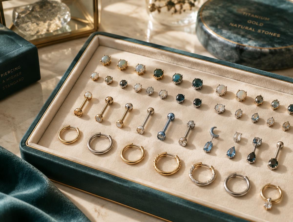 Tray of premium gold and titanium body jewelry with natural gemstone ends