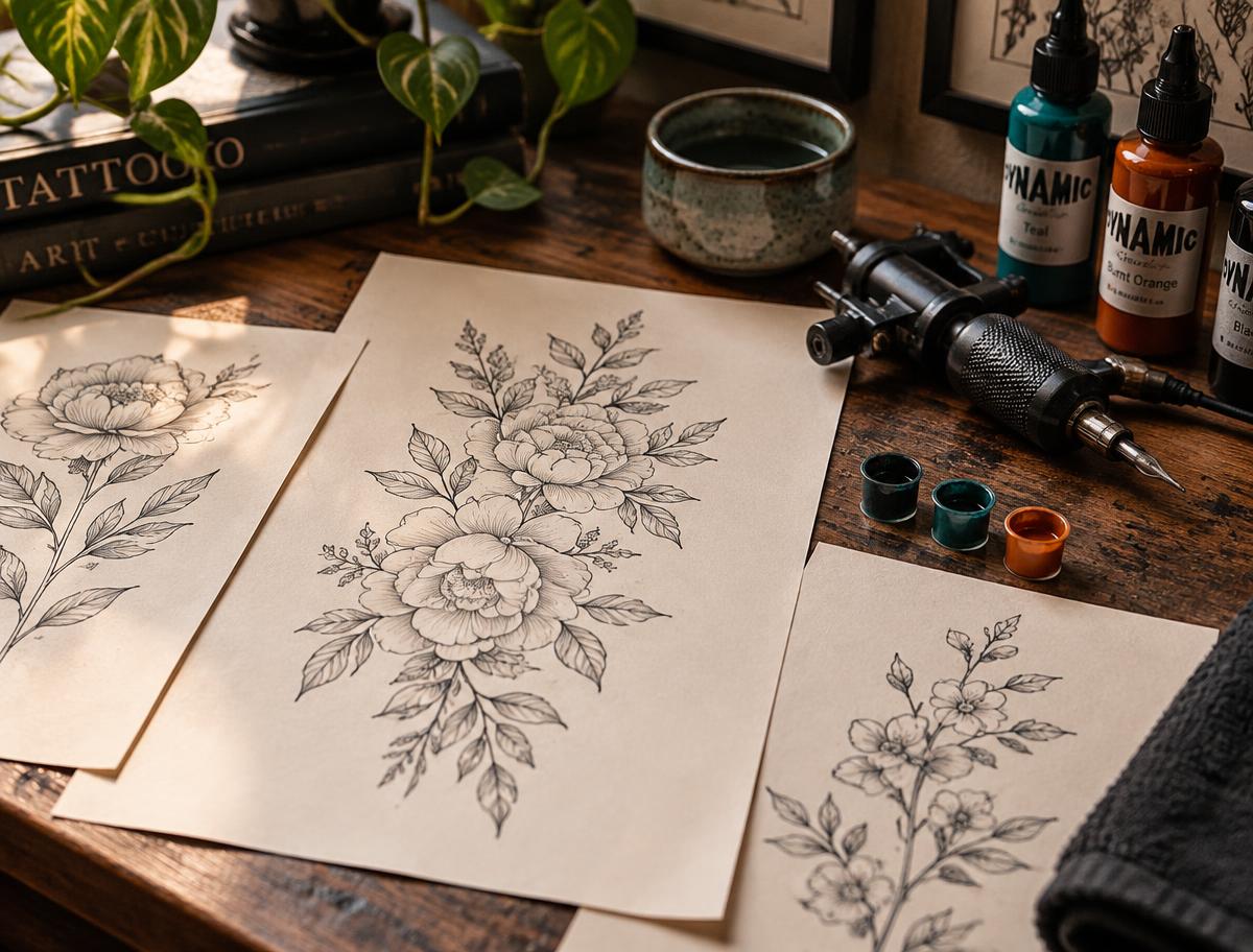 Hand-drawn custom fine-line floral tattoo sketches beside a rotary tattoo machine and ink caps