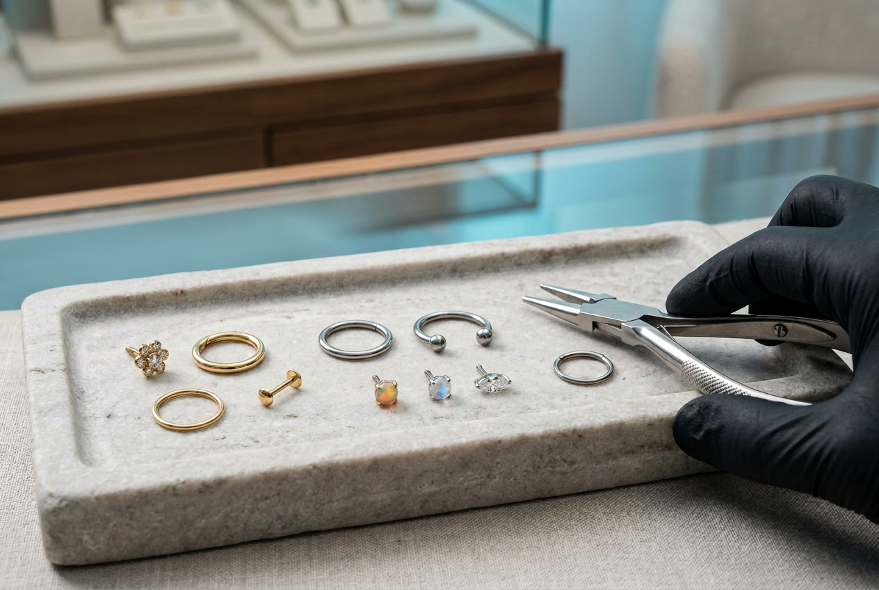 Gold, implant-grade titanium, and natural gemstone body jewelry arranged with professional ring-opening pliers