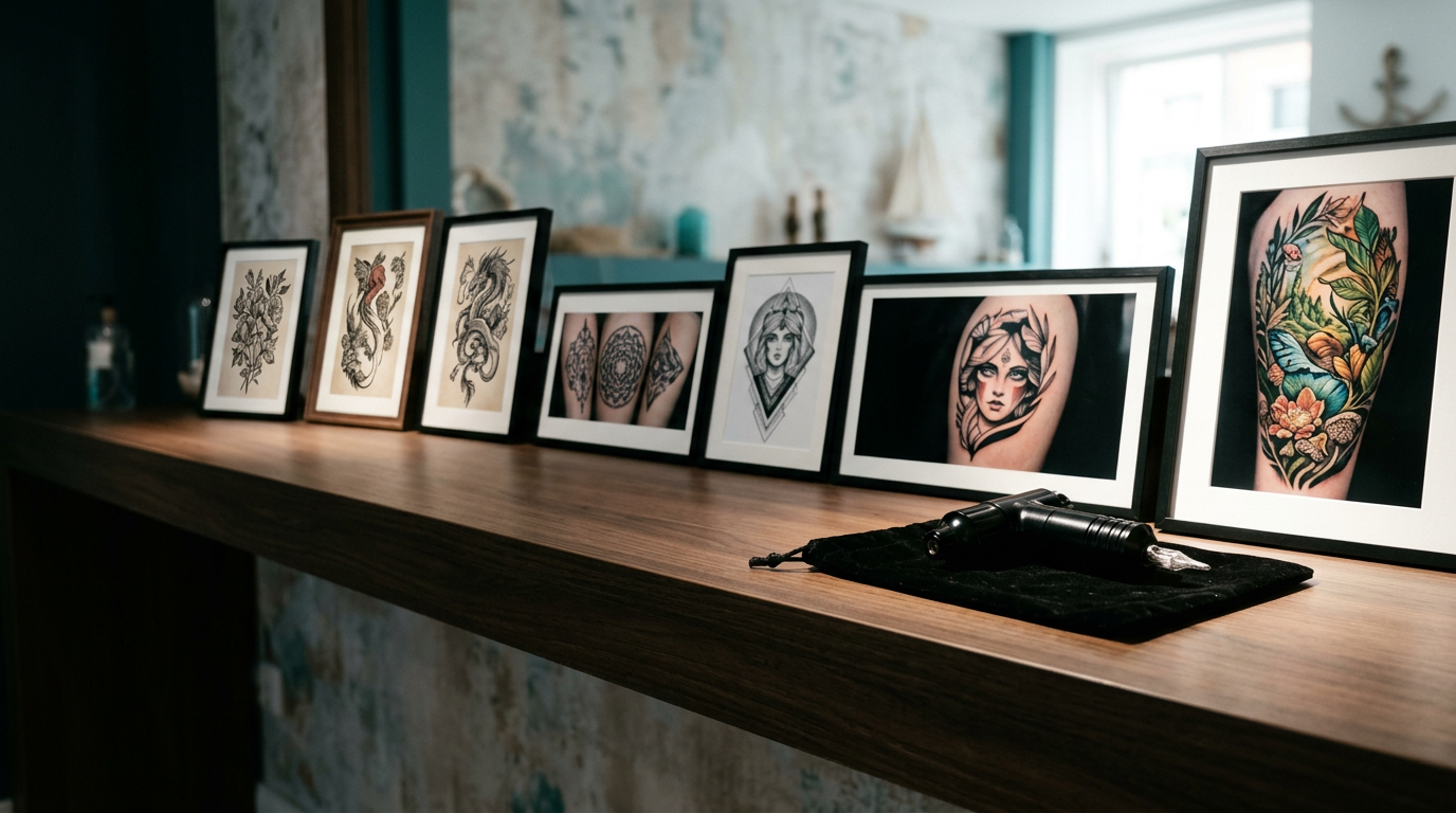Curated tattoo artwork and body jewelry displayed in a refined ocean-inspired studio