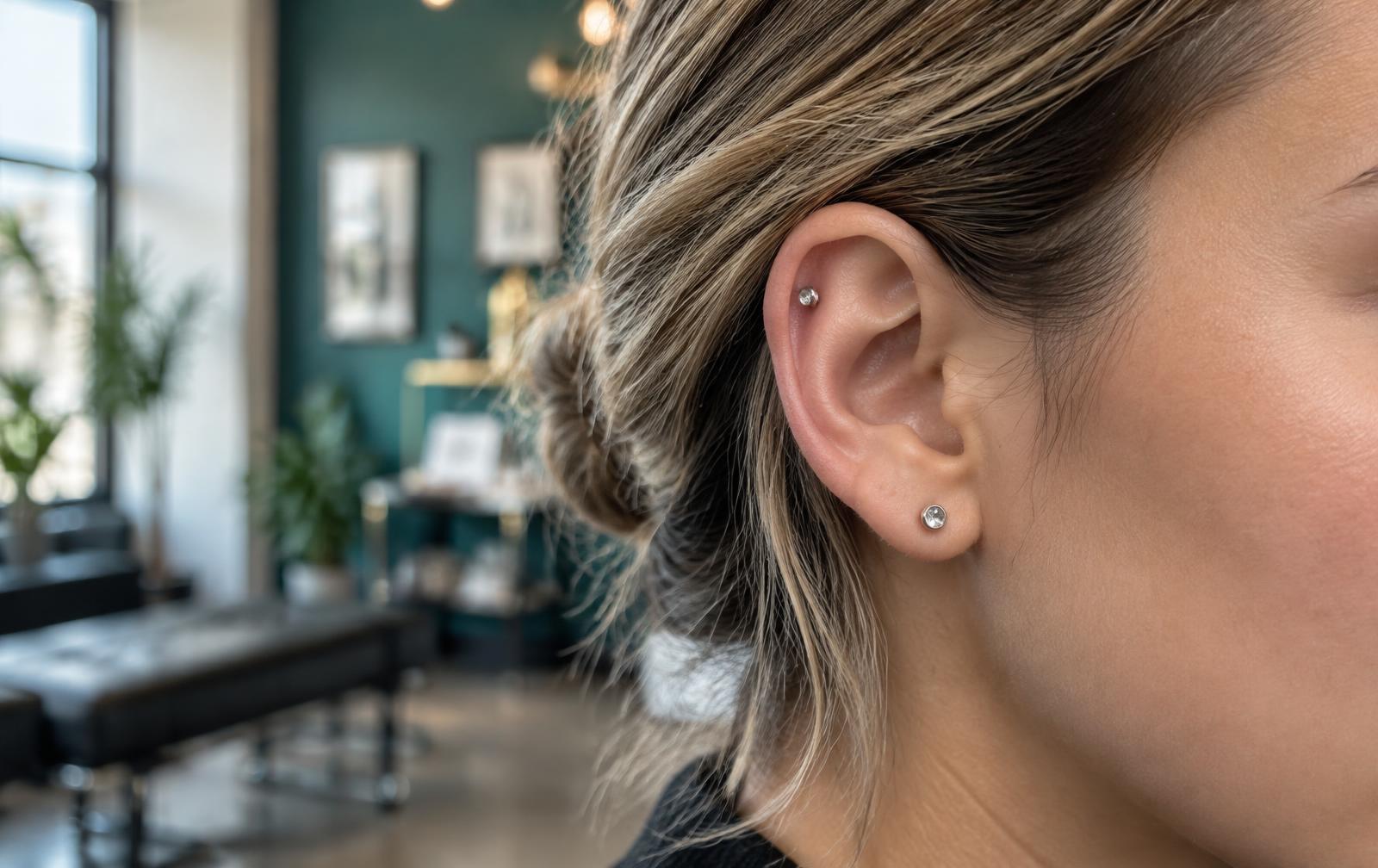 Healthy ear with correctly placed titanium helix and lobe jewelry in a clean professional piercing studio
