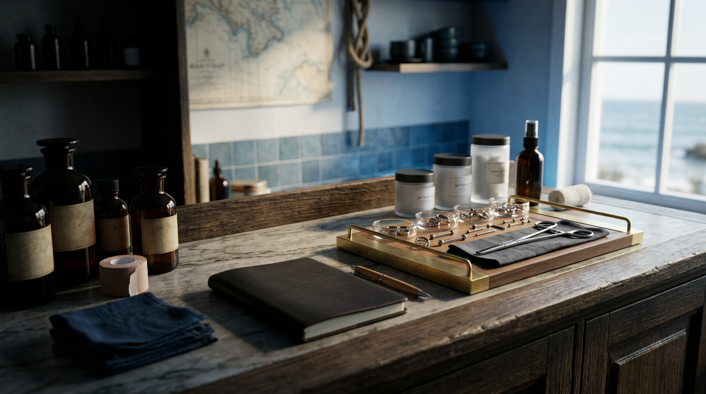 Sterile tattoo and piercing preparation station with professional tools and aftercare supplies