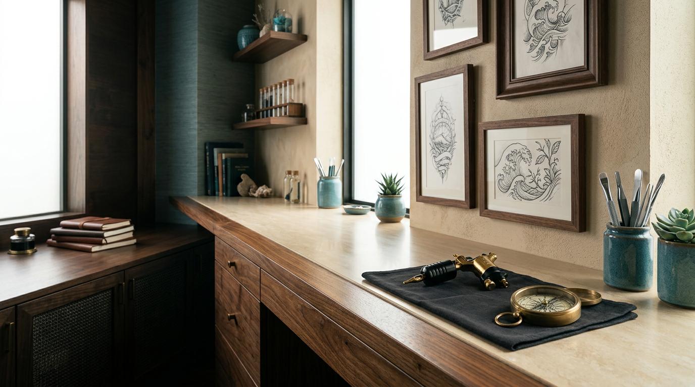 Professional tattoo artist workstation in an ocean-inspired Milwaukee body art studio