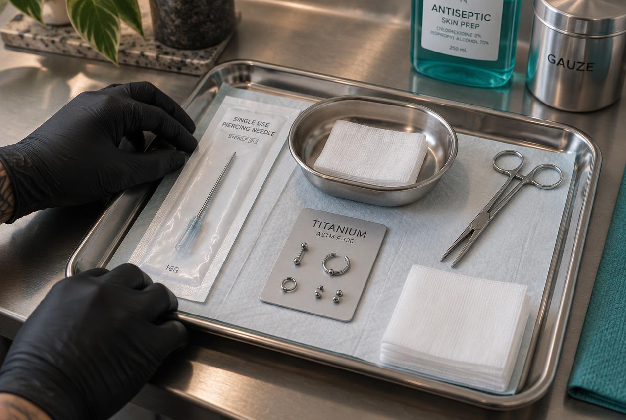 Sterile body piercing tray with a single-use needle, implant-grade titanium jewelry, forceps, and gauze