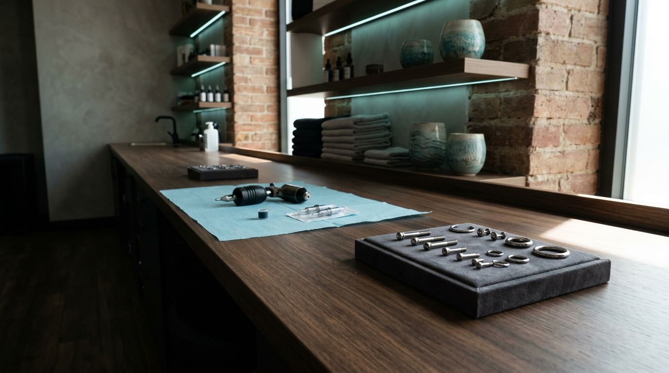 Rotary tattoo machine and premium body piercing jewelry on a sterile studio workstation