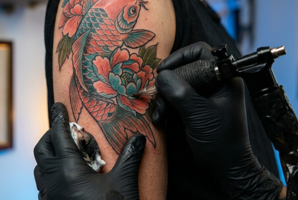 Color tattoo machine adding realistic coral and teal pigment to a custom koi-and-peony upper-arm tattoo