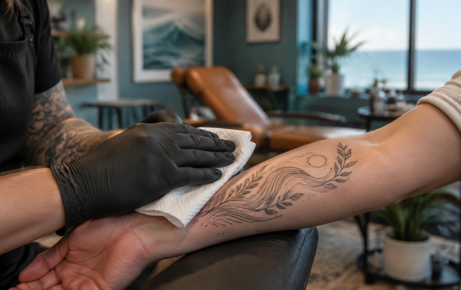 Gloved artist gently caring for a fresh fine-line ocean and botanical forearm tattoo with a clean disposable towel