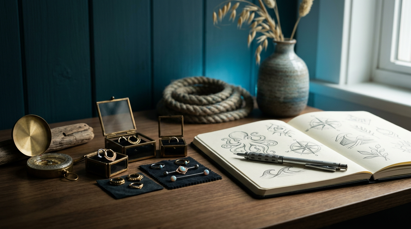 Body art sketchbook and professional tattoo tools arranged in a naturally lit studio