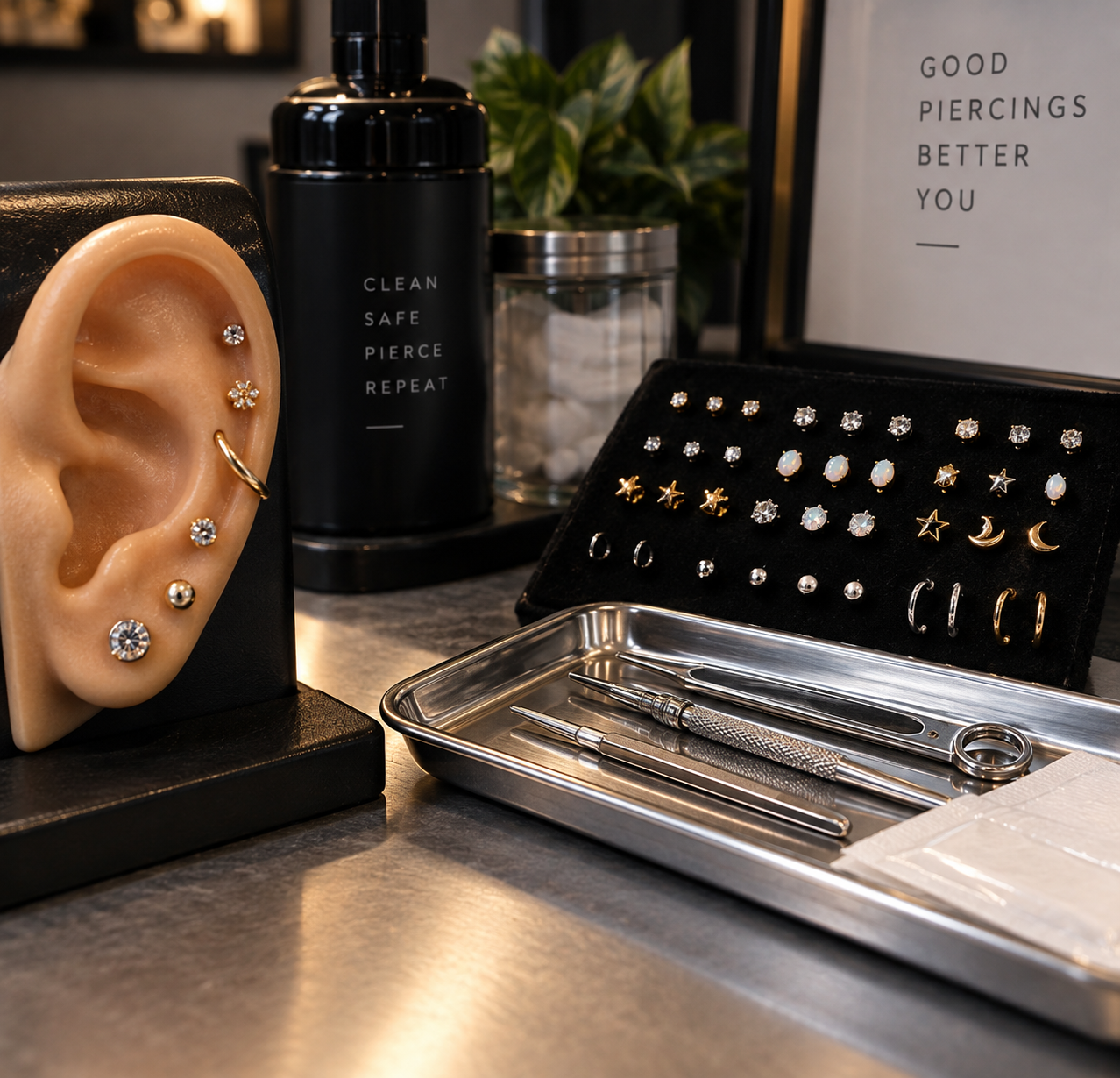 Professional piercing studio display with a jeweled model ear, gold and gemstone stud tray, sterile tools, and aftercare supplies