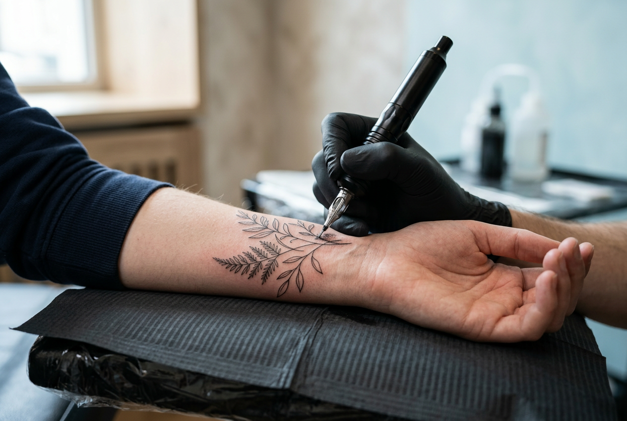 Single-needle tattoo machine applying a delicate botanical fine-line tattoo to a client’s wrist