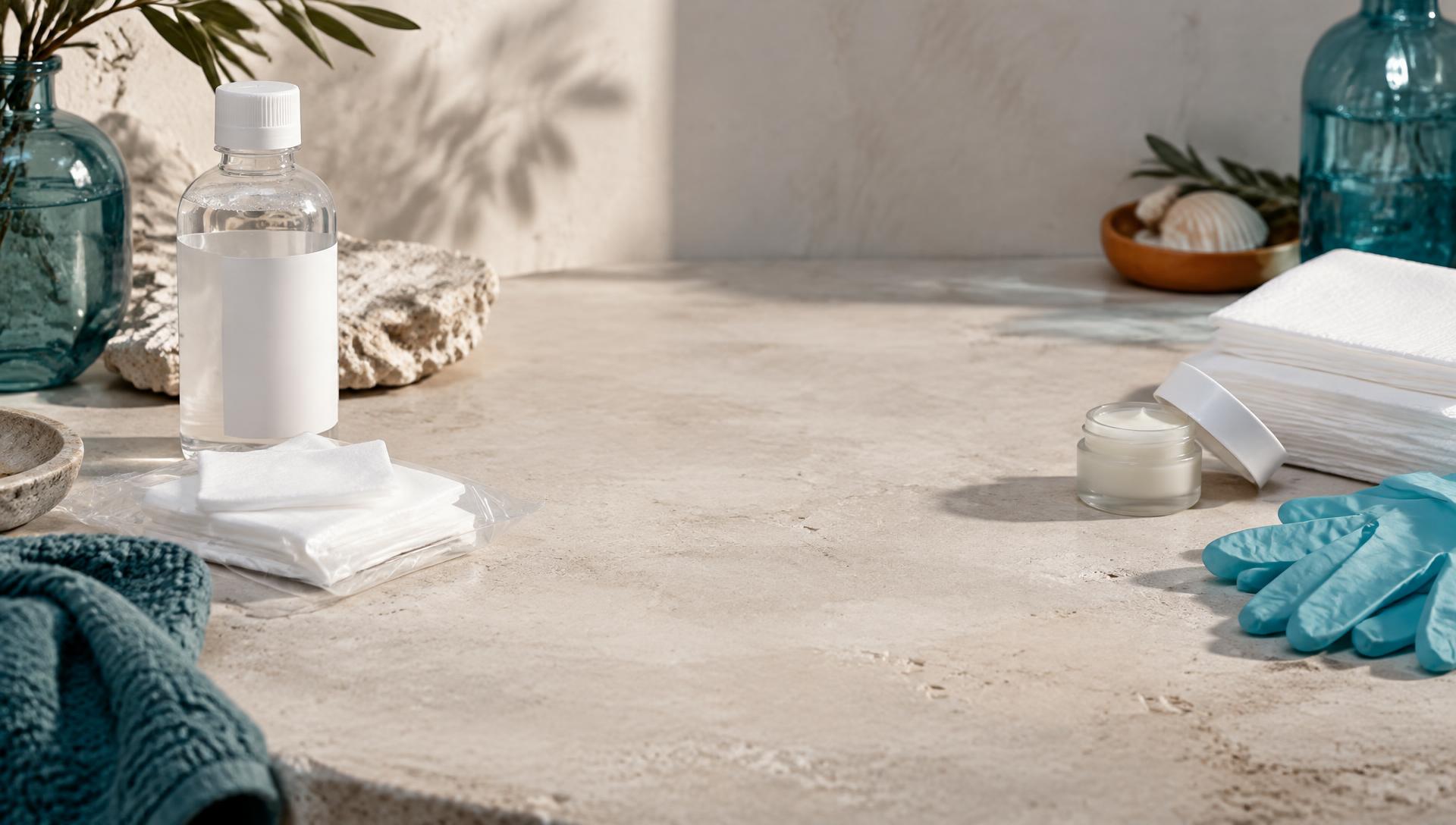 Unbranded saline wash, clean disposable materials, gloves, and aftercare supplies in an ocean-inspired studio